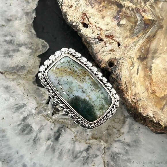 Sterling Southwestern Style Rectangle Chrome Chalcedony Ring S 7.25 For Women